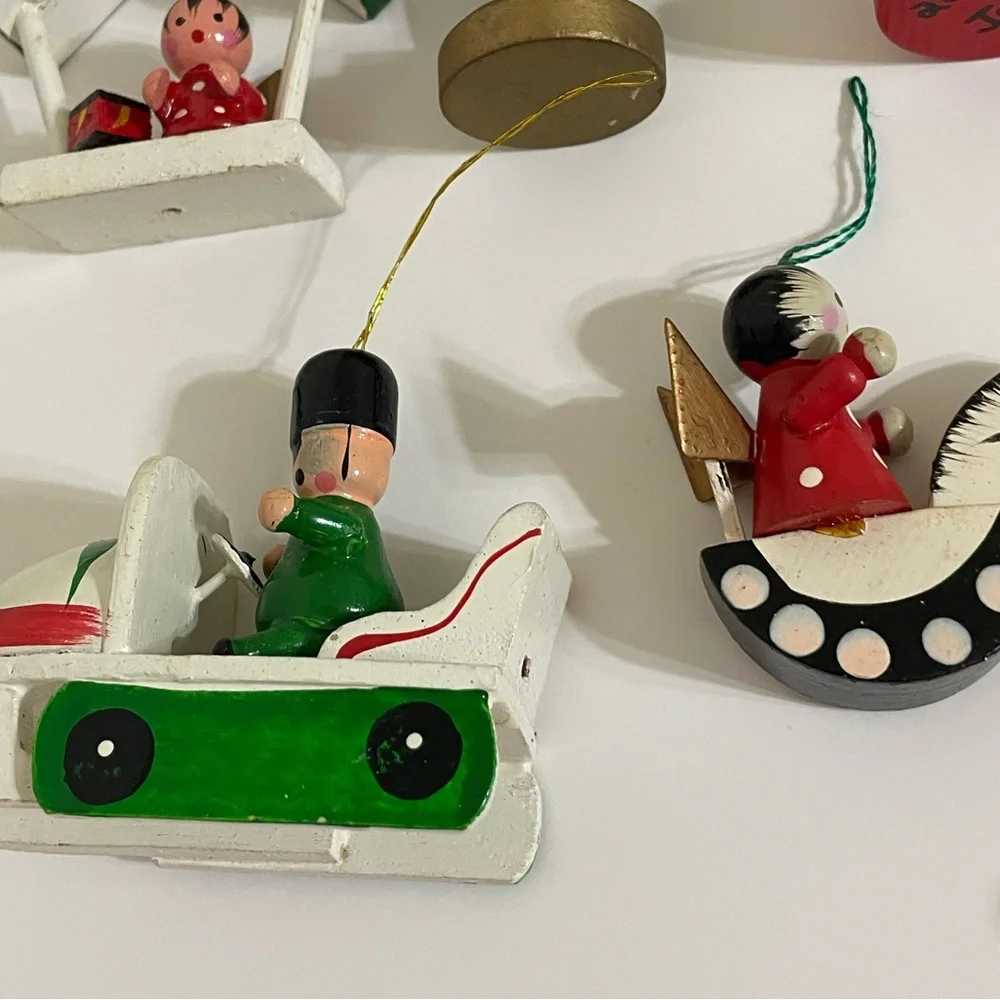 Vintage 1970s/1980s Wood Christmas Ornament Lot Kid Theme